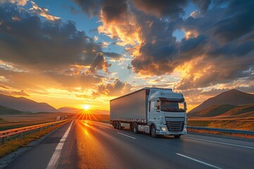 Semi truck Driving on Highway at Sunset
