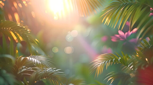 Tropical Palm leaves with sunlight and light wind. Summer exotic trendy bokeh background