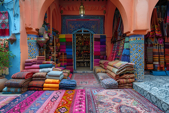 A lively market scene featuring a shop filled with an assortment of colorful rugs, attracting shoppers and passersby.
