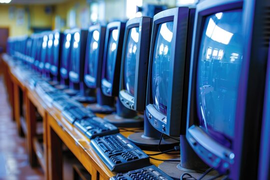 Row of vintage CRT monitors with keyboards in a classroom