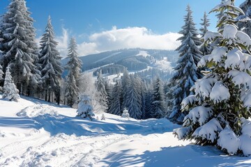 Fototapeta premium Snow-Covered Fir Trees on a Snowy Mountainside with a Clear Blue Sky