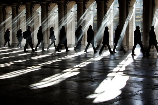 Silhouettes of People Walking Through Sunbeams in an Arcade