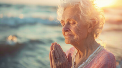 A photographic portrait of an elderly woman, eyes closed, hands in prayer, sunlight streaming down on her face