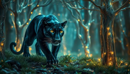 Black Panther in a Glowing Forest.