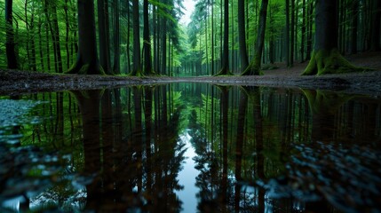 Obraz premium Soothing forest pond with calm reflection, quiet atmosphere, copy space, deep depth of field, covers all objects.