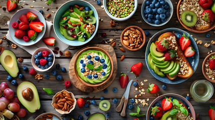 Fototapeta premium healthy food table top view featuring avocado toast, fresh fruits like strawberries and blueberries, bowls of yogurt with granola and nuts, directly above view, all arranged on a rustic wooden table.