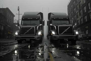 Two Black Semi Trucks Parked in a Rainy City Street