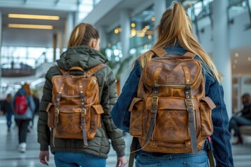 Obraz premium Two Women Walking With Leather Backpacks in a Modern Mall