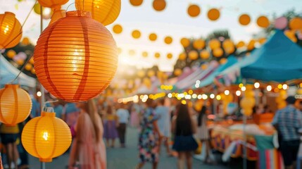 Celebrate heritage at a country fair with party and local traditions, emphasizing deep depth of field and copy space.