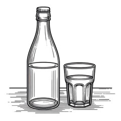 Line art drawing of a long neck water bottle with glass on its right side on a counter top.