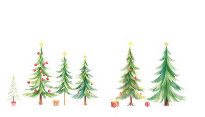 Watercolor Christmas Trees with Ornaments and Gifts.