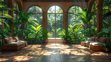 Fototapeta premium Sunny Oasis: Lush Tropical Haven with Cozy Seating