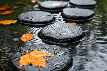 Wet Stone Stepping Stones with Autumn Leaves in Water