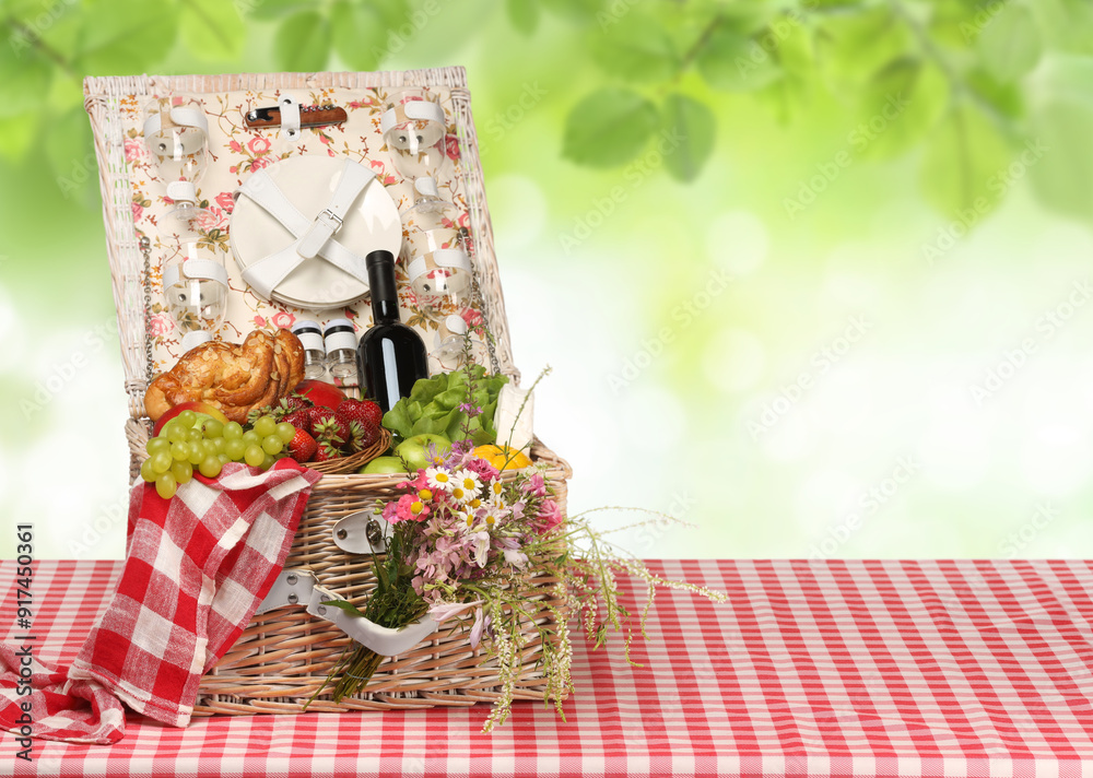 Canvas Prints Picnic basket with foods and wine on table in nature. Space for text