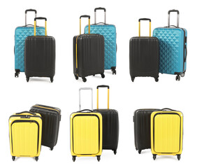 Set of different suitcases on white background