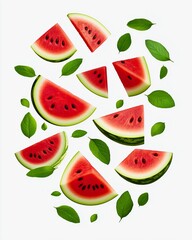 "Artistic arrangement of fresh watermelon slices and green leaves isolated on white, capturing the essence of summer with a refreshing look."

