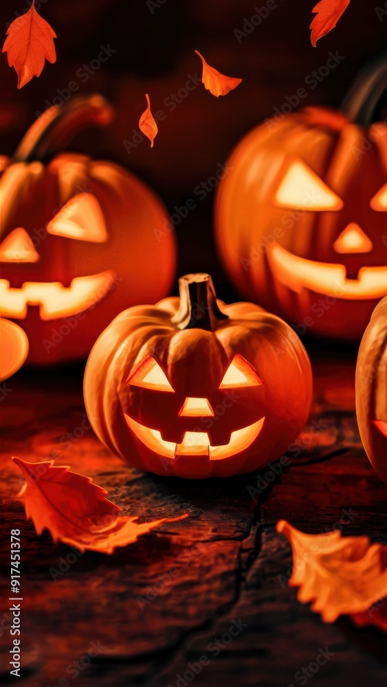 Wall mural a group of pumpkins with carved faces and leaves around them, ai