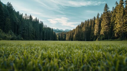 Soothing forest meadow under clear sky, deep depth of field, copy space, covers all objects