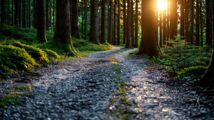 Fototapeta premium Tranquil forest path with soft sunlight, serene atmosphere, deep focus, ample copy space.
