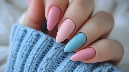 Cute pastel blue and pink nails with simple shapes, minimal design, with dots and lines, in the shape of elongated oval strokes, in an illustration style, cute and playful, for Instagram post