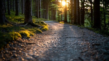 Soothing forest path with soft sunlight, quiet ambiance, deep depth of field, ample copy space, comprehensive coverage of scene.