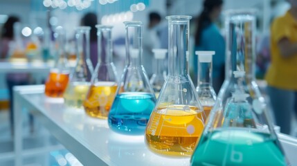 Educational science fair display showcasing research evolution with copy space and focus on objects, deep depth of field.