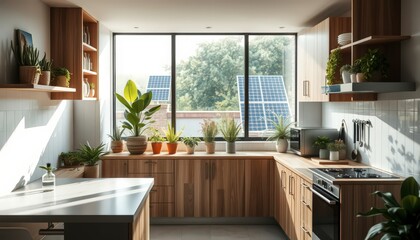 Modern Kitchen Interior with Wooden Cabinets and Sunlight Streaming Through Window.