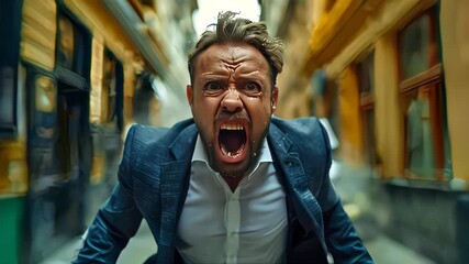 A screaming, frightened businessman in a suit is stressed and furious, with papers and documents flying around. Manager office worker experiencing problems with tax accounting