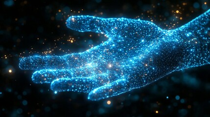 Holographic Digital Hand and Neural Network Connection on Dark Background, Perfect for AI and Tech Visuals, Generative AI