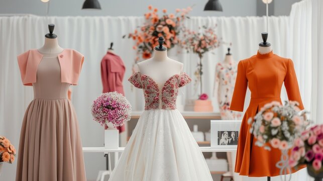 Wedding expo showcasing bridal fashion changes, event display, trends, copy space, focus on objects, deep depth of field
