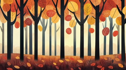Illustration of an autumn forest with tall trees and colorful leaves