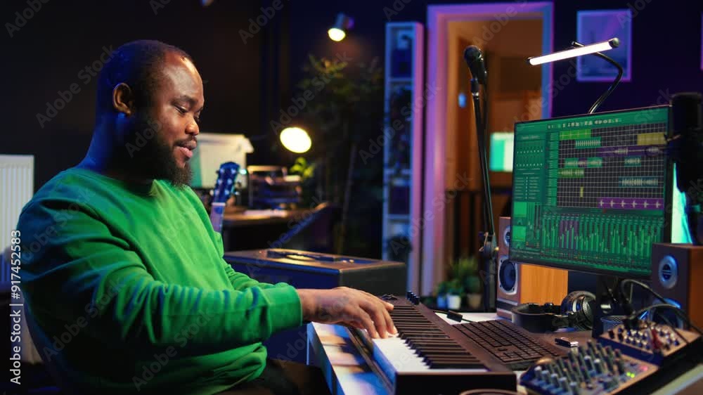 Poster Modern producer playing piano keys to record new soundtrack, trying to produce song using midi controller electronic keyboard. Songwriter composer playing instrument notes to create tunes. Camera B.