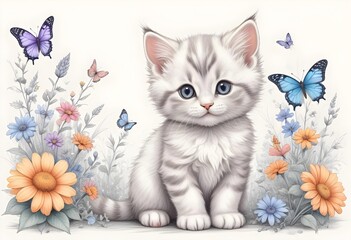 Funny little kitten with flowers and butterflies cute small fluffy magical kitten
