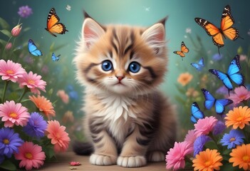 Funny little kitten with flowers and butterflies cute small fluffy magical kitten