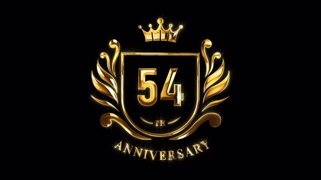 54th Anniversary Celebration. Happy 54 Years Anniversary Animation in Gold Color on the Transparent Background, Alpha Channel. Great for greetings, celebrations, events, and gifts.