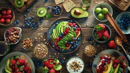 Fototapeta premium healthy food table top view featuring avocado toast, fresh fruits like strawberries and blueberries, bowls of yogurt with granola and nuts, directly above view, all arranged on a rustic wooden table.