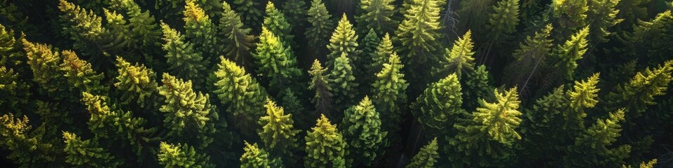 Fototapeta premium Aerial View Glowing Spruce Crowns in Mountain Woodland Clearing