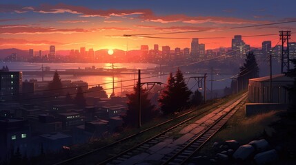 Vibrant cityscape at twilight with glowing afterglow, striking architecture, and railroad tracks.