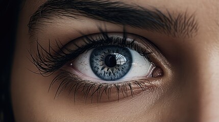 Captivating brown eye with defined eyebrows and eyelashes, showcasing intense gaze.