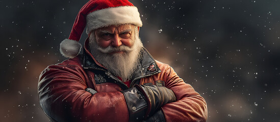 Tough Santa Claus in Leather Jacket Winter Portrait

