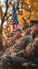 Heartwarming Veterans Day portrait of a group of veterans from various branches of the military, each in their service dress, sharing smiles and stories on a park bench.