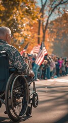 Powerful image of a wheelchair-bound veteran watching a Veterans Day parade, his face reflecting pride and nostalgia, set against a background of spectators clapping and waving flags.