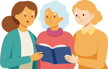 Fototapeta premium Three women engaged in reading a book together, sharing insights and enjoying a moment of learning and camaraderie.