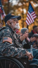 Powerful image of a wheelchair-bound veteran watching a Veterans Day parade, his face reflecting pride and nostalgia, set against a background of spectators clapping and waving flags.