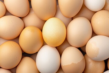 Hand placing many white eggs and one brown egg on platform - close up. Lots of fresh chicken raw eggs. Beautiful simple AI generated image in 4K, unique.