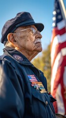 Respectful Veterans Day gathering where older veterans wearing their medals and berets, raise the American flag at a community center, symbolizing their enduring dedication, against a clear blue sky.
