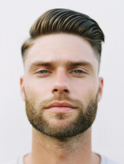 Obraz premium Closeup portrait of a Caucasian man with a classic comb-over hairstyle and a meticulously trimmed beard, white background, barbershop styler