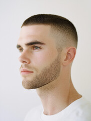 Obraz premium Closeup portrait of a Caucasian man with a well-defined crew cut and a neatly groomed stubble, white background, barbershop styler
