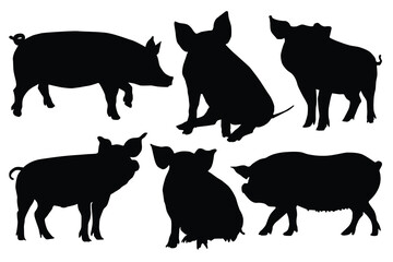 Simple hand drawing silhouettes of several pigs in various poses stand out or Pig breeds collection. Farm animals set. Black silhouette flat design. Vector illustration