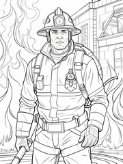 Firefighter in Action with Fire Truck Coloring Page